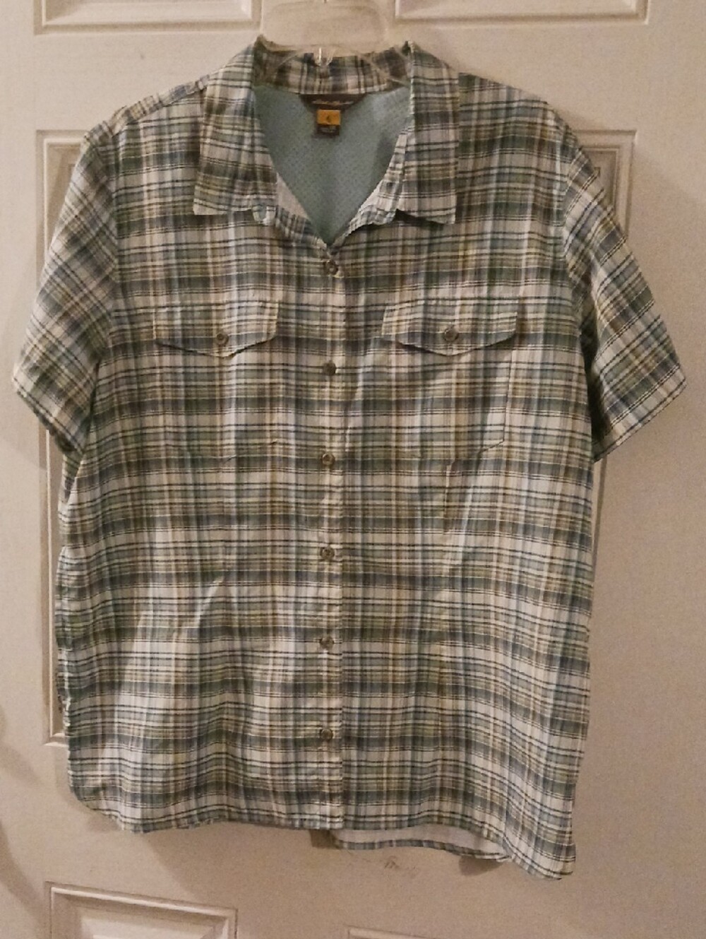 *** Size 2X Womens Eddie Bauer Short-Sleeve Blue Plaid Button-Down Shirt